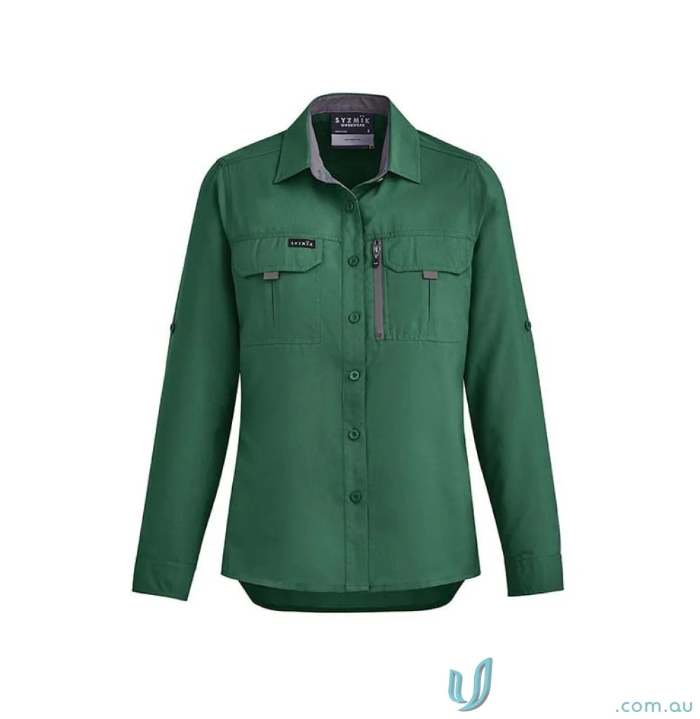 Syzmik outdoor women’s long sleeve shirt in deep green with chest pockets and roll tabs