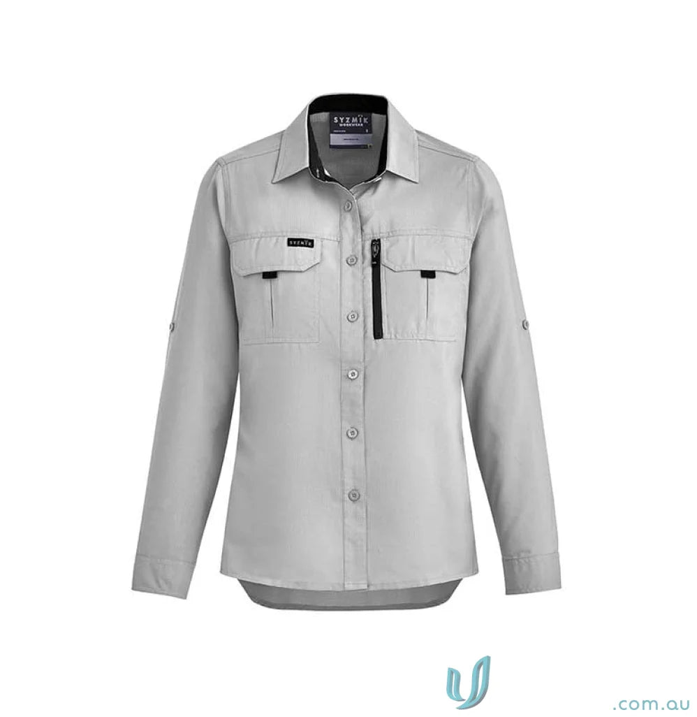 Light grey Syzmik Women’s Outdoor LS Shirt with chest pockets and zipper detail