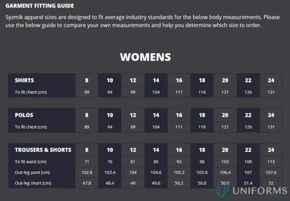 Syzmik Women’s Outdoor LS Shirt size guide with charts for outdoor long sleeve shirt zw760