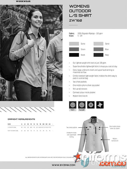 Syzmik Women’s Outdoor Long Sleeve Shirt with chest pockets and roll-up sleeves, size 6-24