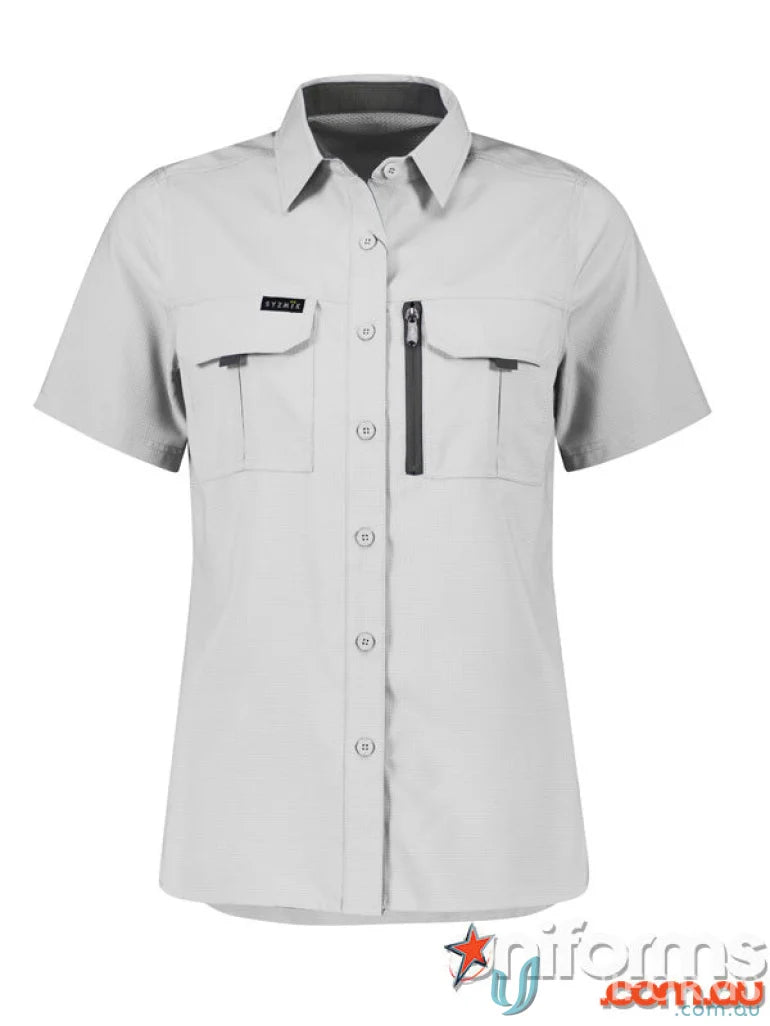 Light gray Syzmik Outdoor Ladies SS Shirt, women’s outdoor short with feminine fit