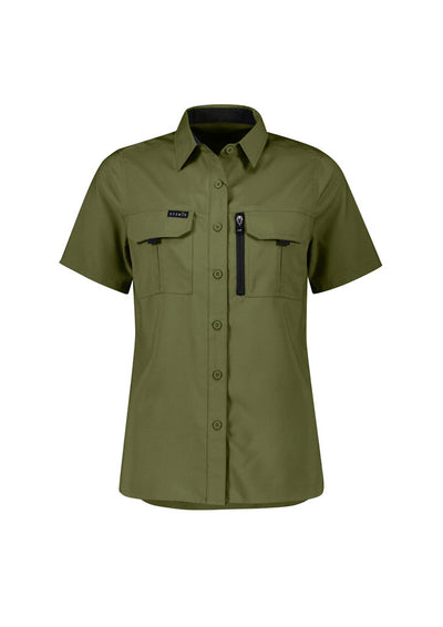 Syzmik Outdoor Ladies olive green short-sleeved shirt with pockets, zipper