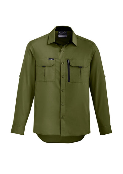 Syzmik Outdoor LS Shirt: olive green mens outdoor long sleeve with zipper pocket