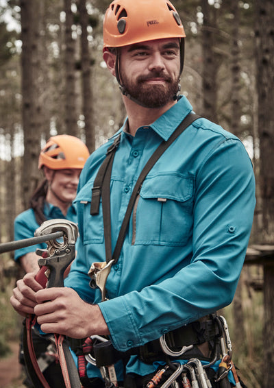 Syzmik Outdoor mens outdoor long sleeve shirt with Orange Peets climbing helmet
