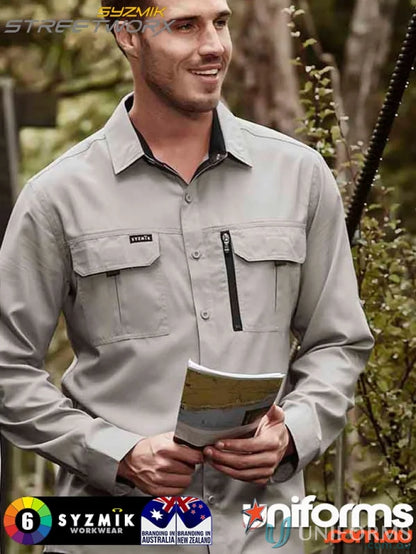 Gray men’s outdoor long sleeve work shirt with pockets from Syzmik Outdoor LS Shirt