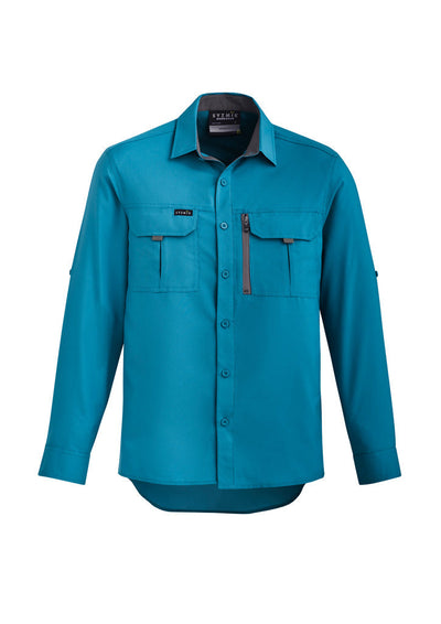 Syzmik Outdoor LS Shirt: teal mens outdoor long sleeve with zipper pocket