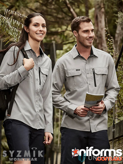 Two men wearing Syzmik Outdoor LS Shirts in gray, perfect for men’s outdoor long adventures