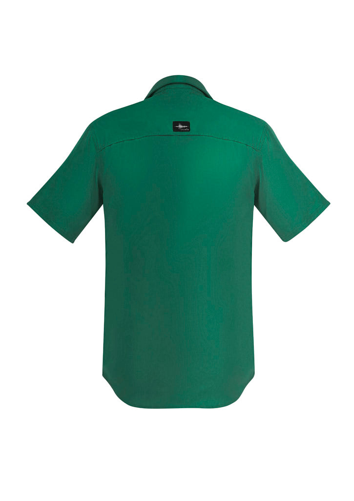 Back of Syzmik mens outdoor short sleeve shirt zw465 with green fabric and black logo patch
