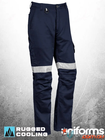Navy blue men’s rugged cooling taped cargo pants with reflective stripes and mechanical stretch fabric