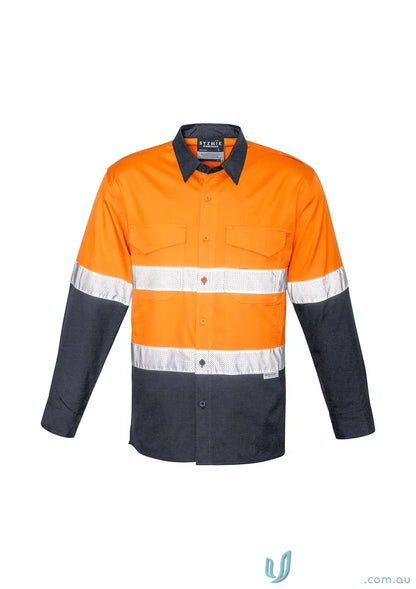 Orange and navy Syzmik Rugged Cooling Taped Hi Vis Spliced Long Sleeve Shirt