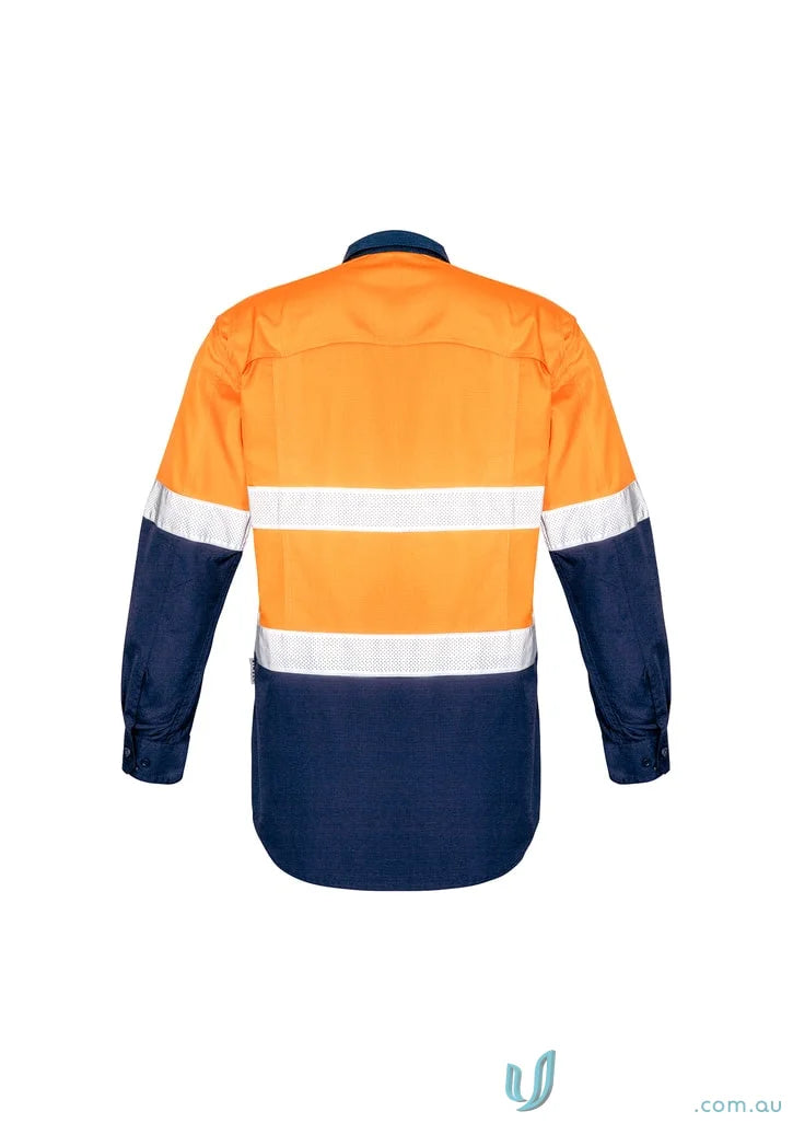Orange and navy blue reflective work shirt from Syzmik Rugged Cooling Visi Taped Long Sleeve Shirt collection