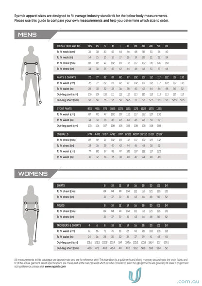 Apparel size chart for SYZMIK Streetworx Curved Cargo Short for men with dedicated mobile phone pocket