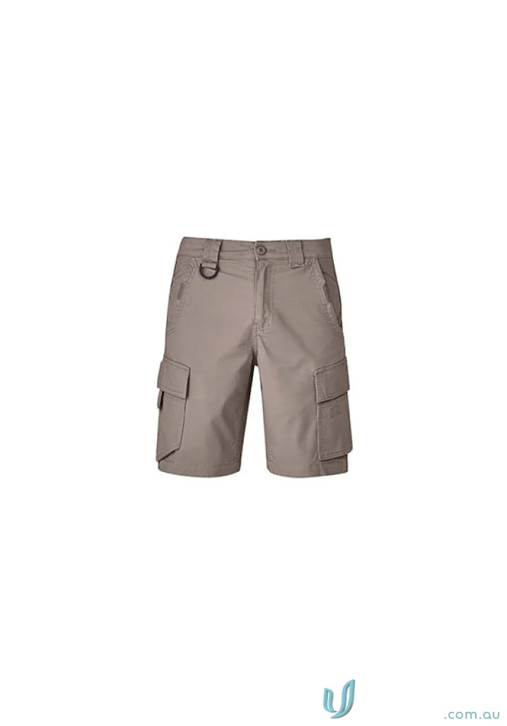 Khaki cargo shorts from SYZMIK Streetworx Curved Cargo collection with dedicated mobile phone pocket