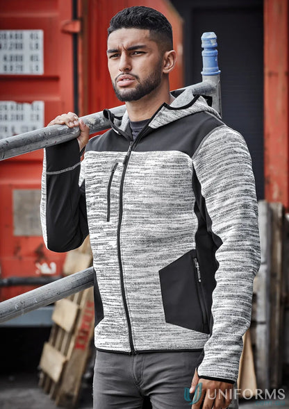 Man in Syzmik Streetworx Reinforced Knit Hoodie ZT360 wearing gray and black hoodie