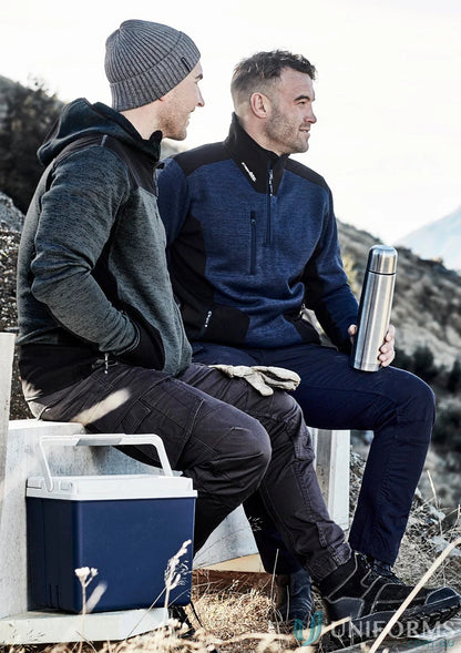 Two men in outdoor gear wearing Syzmik Streetworx Reinforced Knit Hoodie ZT360