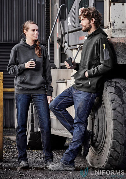 Two people wearing dark hoodies and Syzmik Men’s Stretch Denim Work Jeans