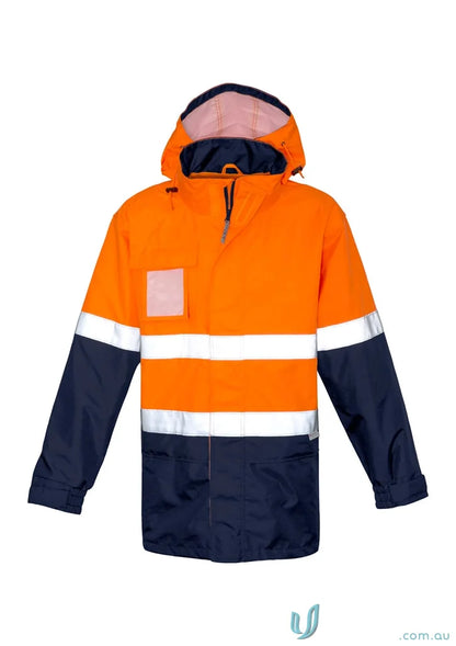 Orange and navy blue vis ultralite waterproof hooded jacket from Syzmik Ultralight Waterproof collection