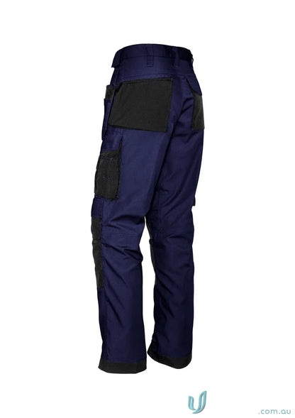 Navy blue Syzmik UltraLite Multi Pocket Pant with black reinforced pockets and supersized tool belt