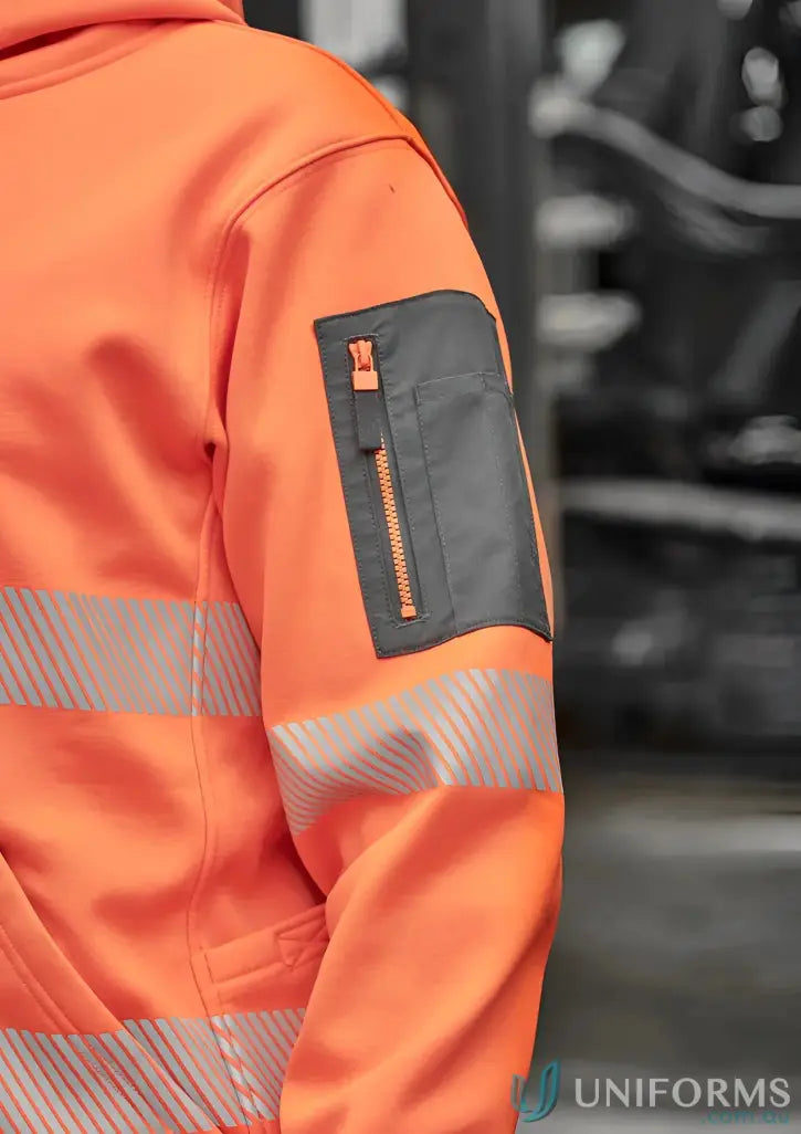 Orange hi-vis jacket with reflective tape and zip pocket from Syzmik Streetworx Hoodie