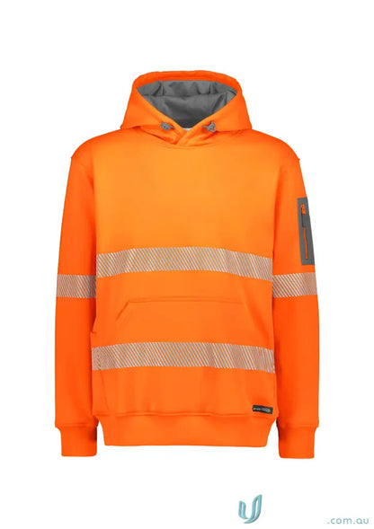 Orange high-visibility hoodie with segmented reflective tape for streetwear safety
