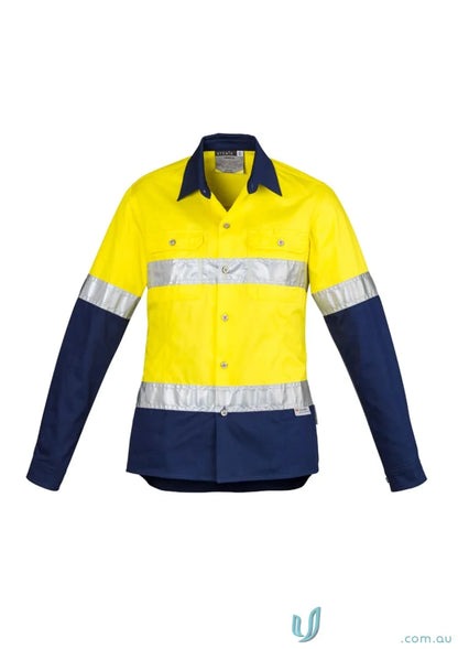 Syzmik women’s industrial long shirt with yellow navy blue color and mesh vent inserts