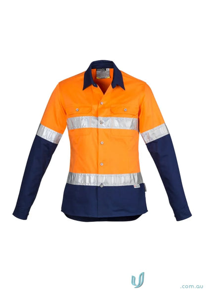 Orange and navy blue Szymik women’s industrial shirt with mesh vent inserts and reflective stripes
