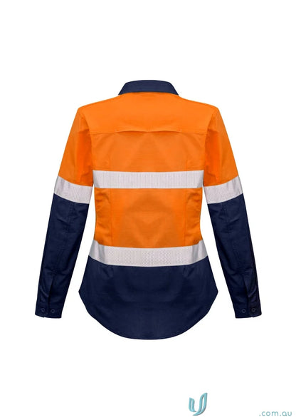 Orange and navy blue Syzmik Women’s Rugged Shirt ZW720 with reflective tape for safety