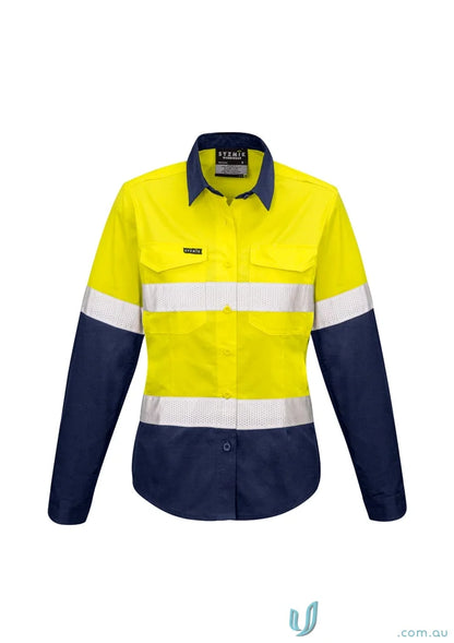 Syzmik Women’s Rugged High-Vis Shirt with yellow navy blue reflective tape zw720