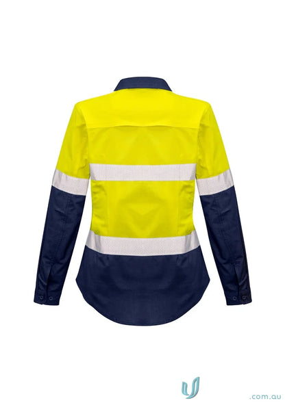 Yellow and navy blue syzmik women’s rugged shirt zw720 with reflective tape for work