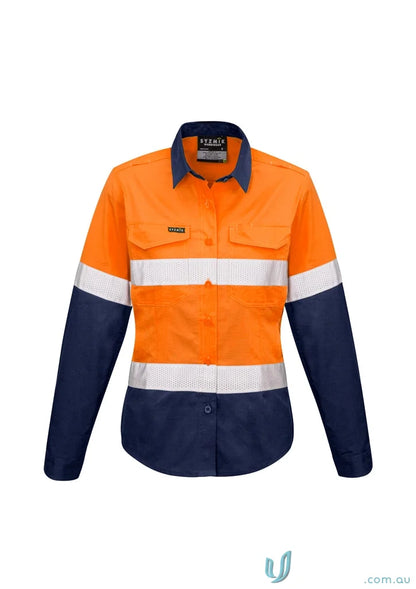 Syzmik women’s rugged work shirt zw720 with orange navy blue color and reflective tape