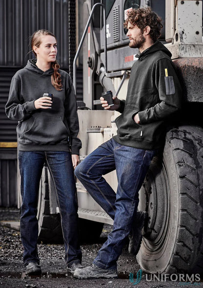 Two people in dark hoodies and jeans wearing Syzmik Womens Stretch Denim Work Jeans