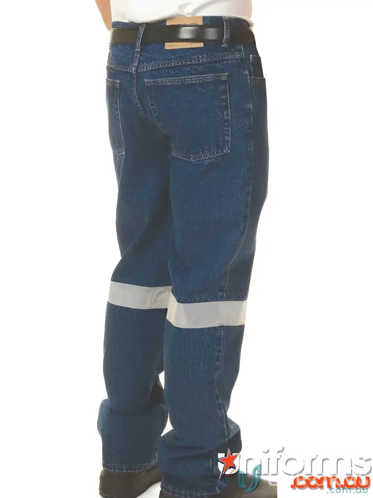 Blue denim stretch jeans with reflective stripes, perfect for work and safety