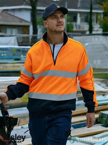 Hi-visibility orange and navy rib knit workwear sweatshirt for uniforms or casual wear