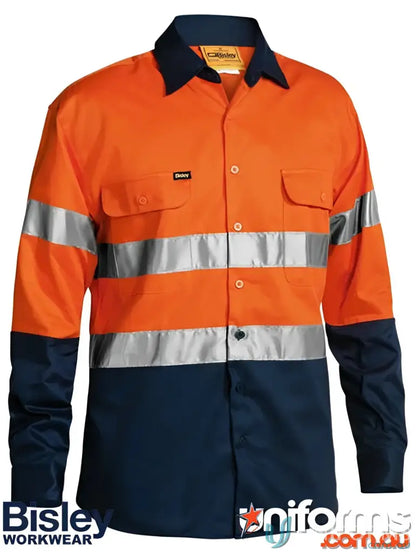 Orange and navy Blue work shirt with reflective stripes, two-button adjustable workwear