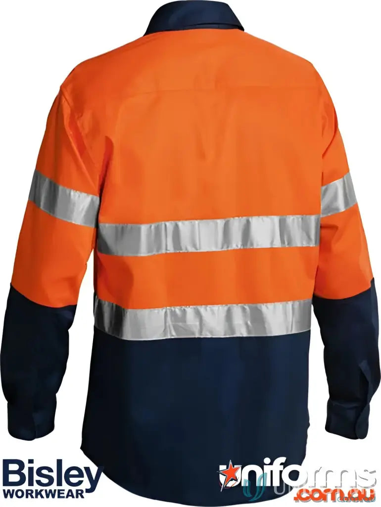Orange and navy Blue HiVis work shirt with two-button adjustable feature for uniforms and workwear