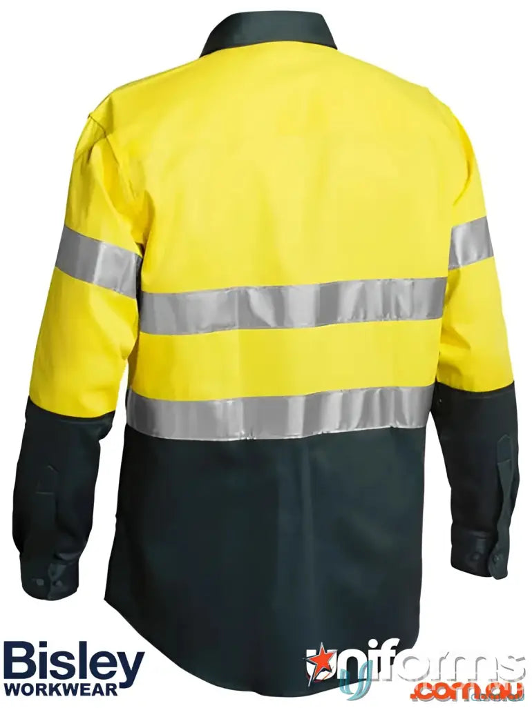 Yellow and dark green Taped HiVis Drill Shirt with reflective stripes, two-button adjustable workwear