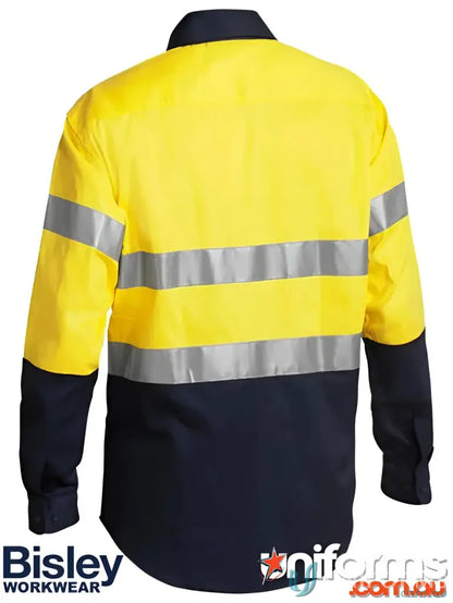 Yellow and navy blue Taped HiVis Drill Shirt with reflective stripes, two-button adjustable workwear for uniforms