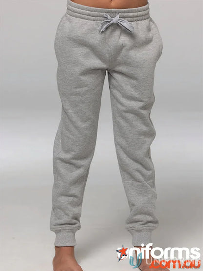 Gray tapered fleece kids pants with drawstring, perfect for uniforms or casual workwear