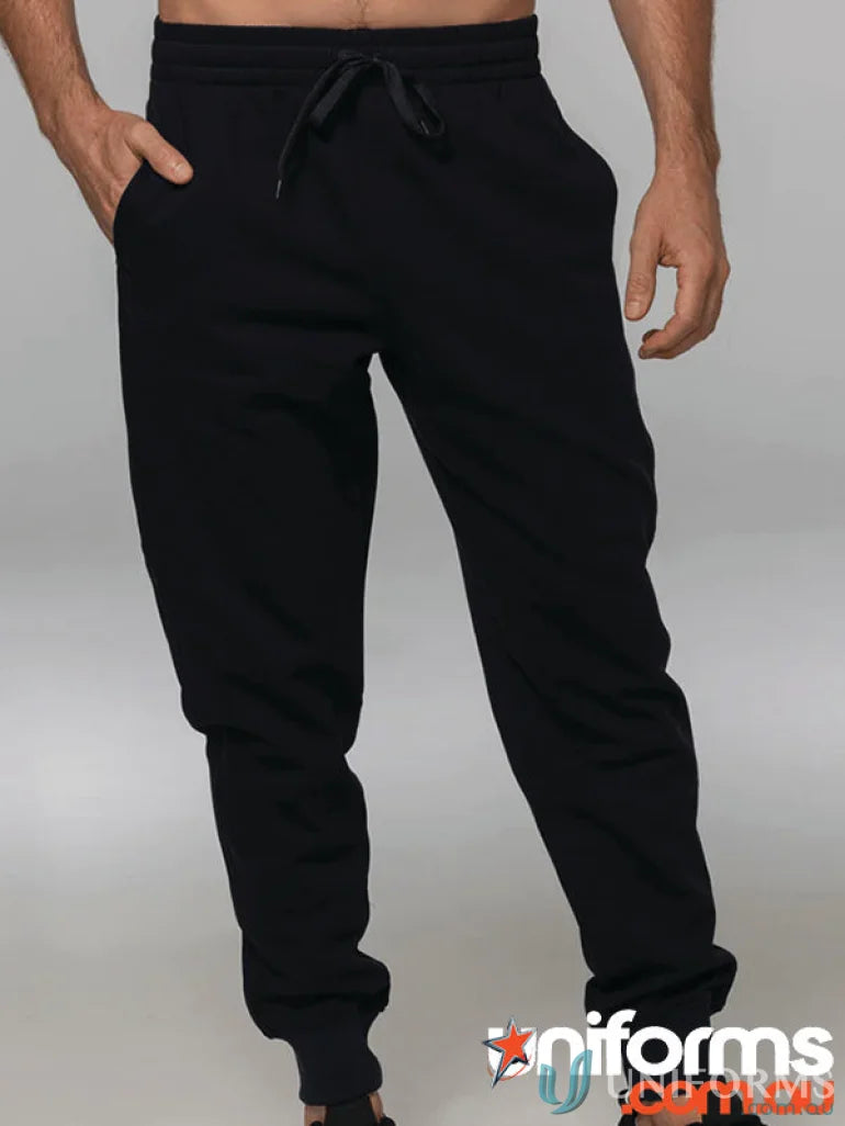 Black tapered fleece joggers with drawstring waist, perfect for casual styles