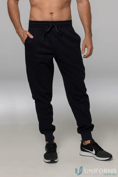 Black tapered fleece joggers with sneakers for a casual, comfy look