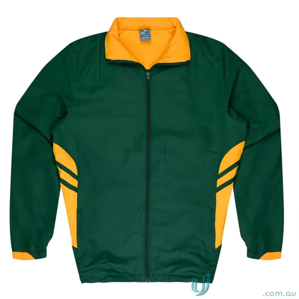 Green and gold Tasman Kids Tracktops jacket, perfect for uniforms or casual workwear