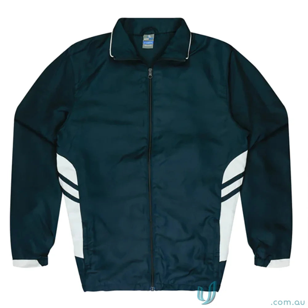 Kids navy and white Tasman jacket from Tasman Kids Tracktops, perfect for uniforms or workwear