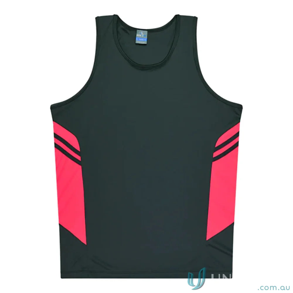 Black and pink Tasman Ladies Singlet tank top with comfy fabric and stylish neck design