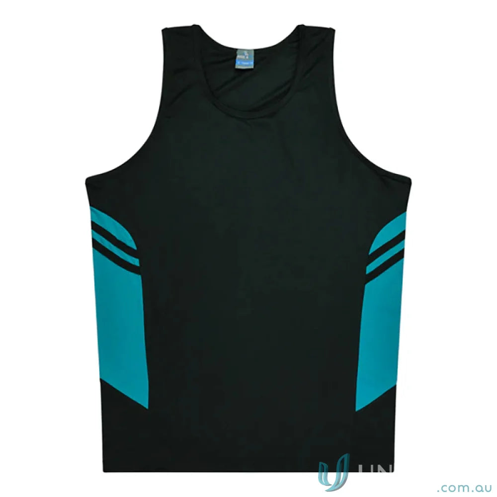 Black and teal Tasman Ladies Singlet athletic tank top with breathable fabric and stylish neck