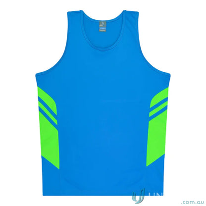 Blue and green Tasman Ladies Singlet with comfy fabric and stylish neck for sports uniforms