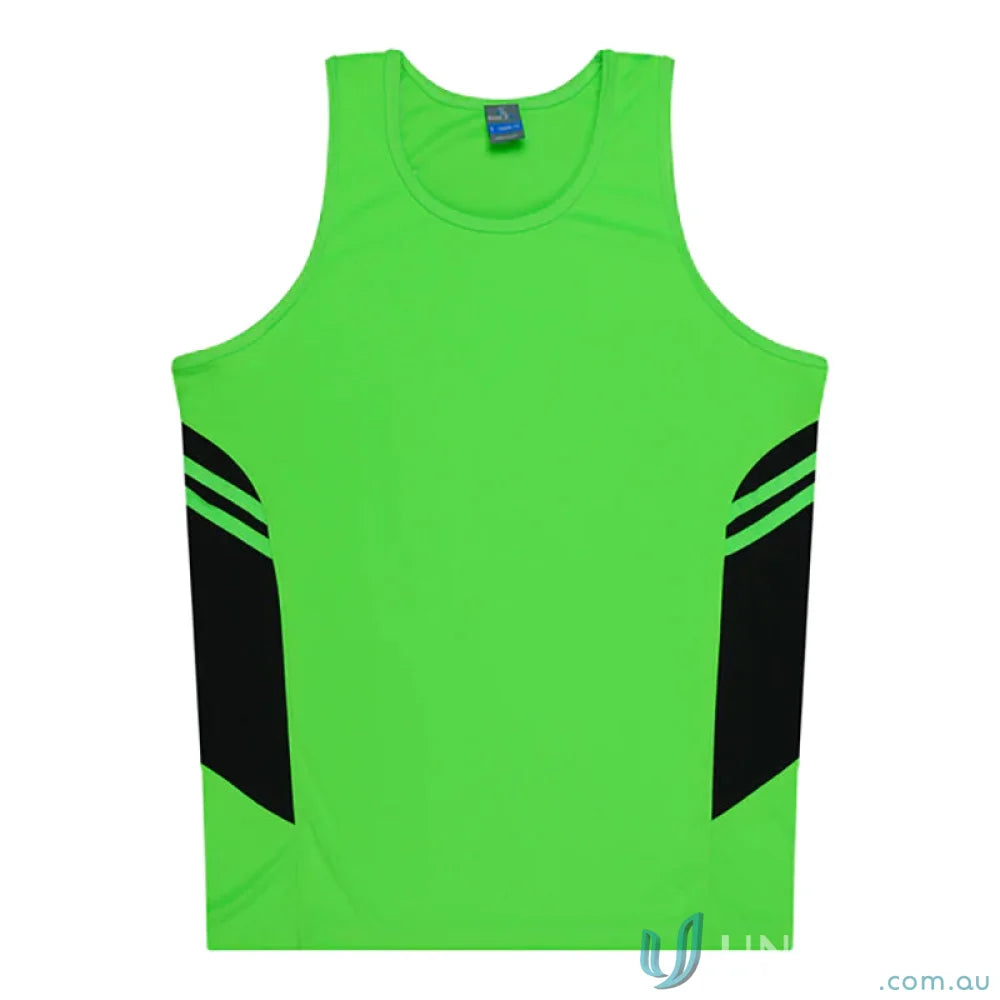 Green and black Tasman Ladies Singlet athletic tank top with comfortable fabric and a stylish neck