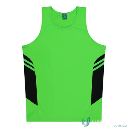 Green and black Tasman Ladies Singlet athletic tank top with comfortable fabric and a stylish neck