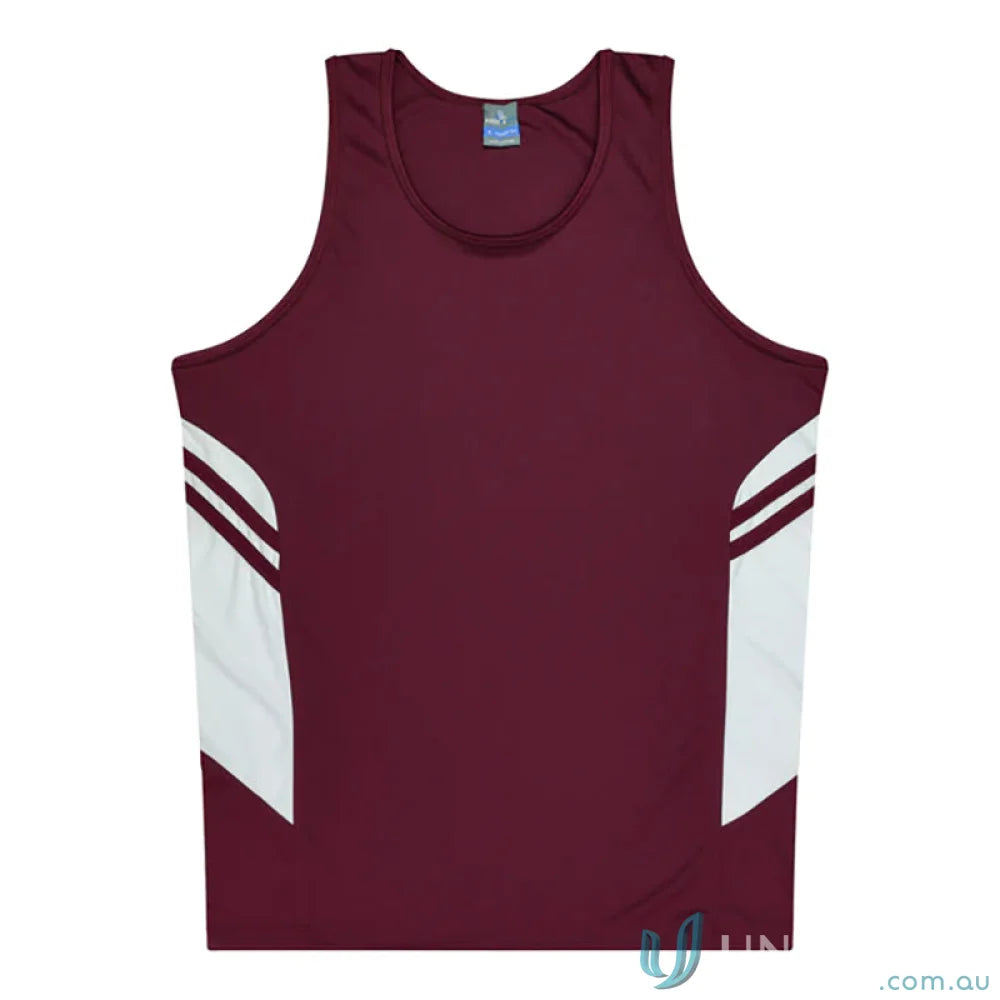 Tasman Ladies Singlet with maroon and white fabric and comfortable neck fit for uniforms