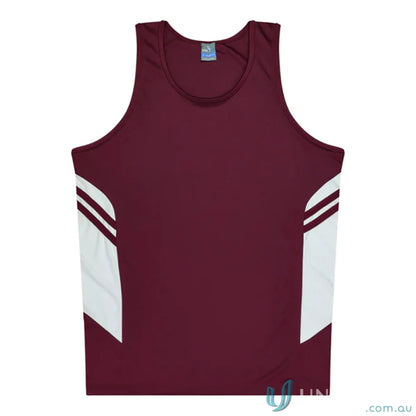 Tasman Ladies Singlet with maroon and white fabric and comfortable neck fit for uniforms