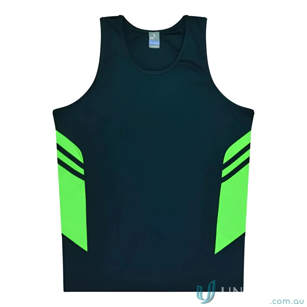 Tasman Singlet black and green athletic tank top ideal for uniforms and workwear